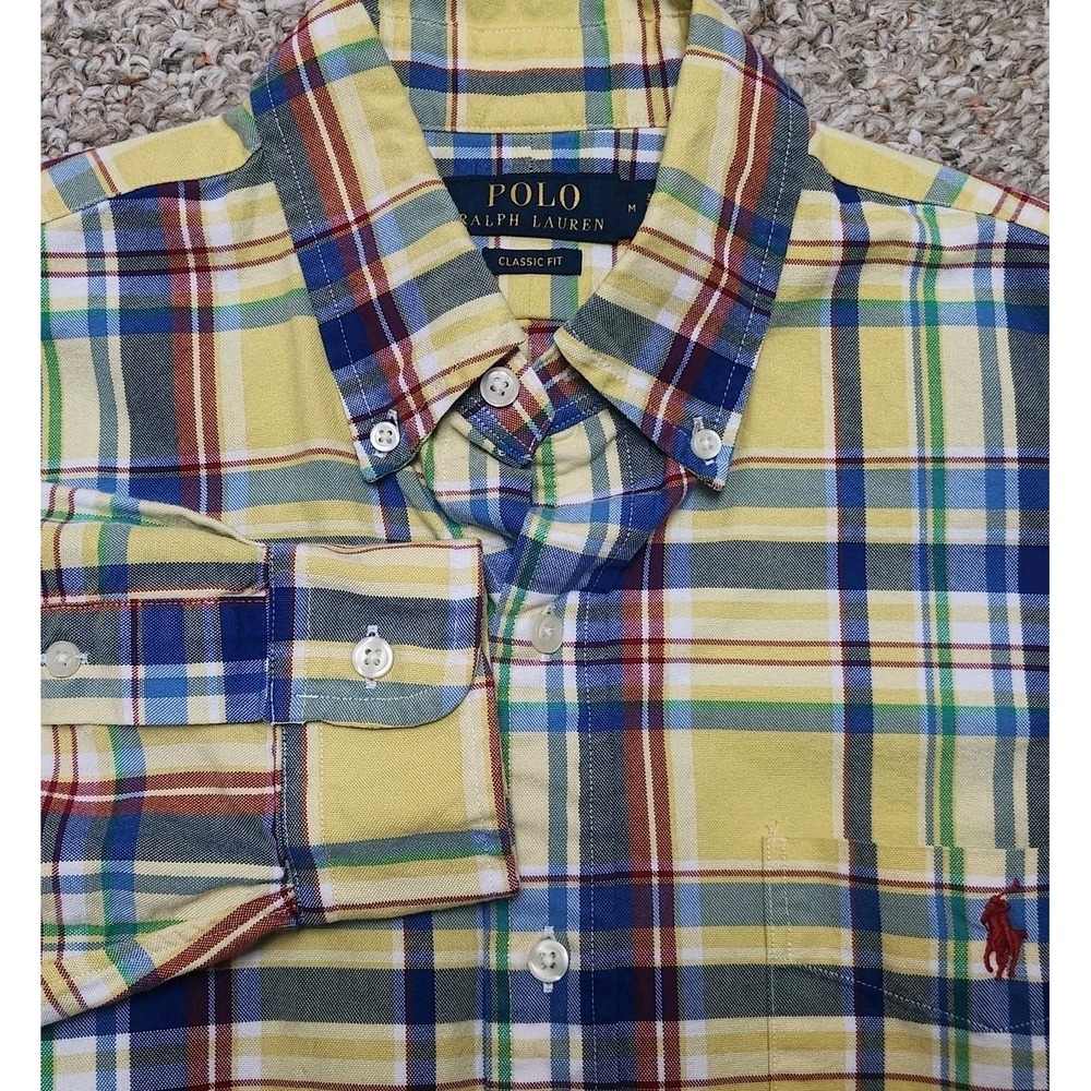 Polo Ralph Lauren Oxford Button Down Shirt M Yellow Plaid Pocket Classic Fit